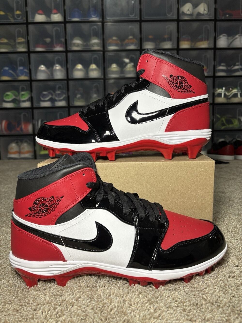Nike Air Jordan 1 Mid TD Bred Toe Football Cleats Gym Red Black FJ6805-601 Sz 11